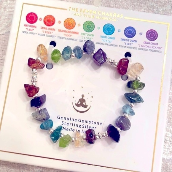 Brand New Genuine Gemstone & Sterling Silver Seven Chakras Stretch Bracelet - Picture 1 of 10
